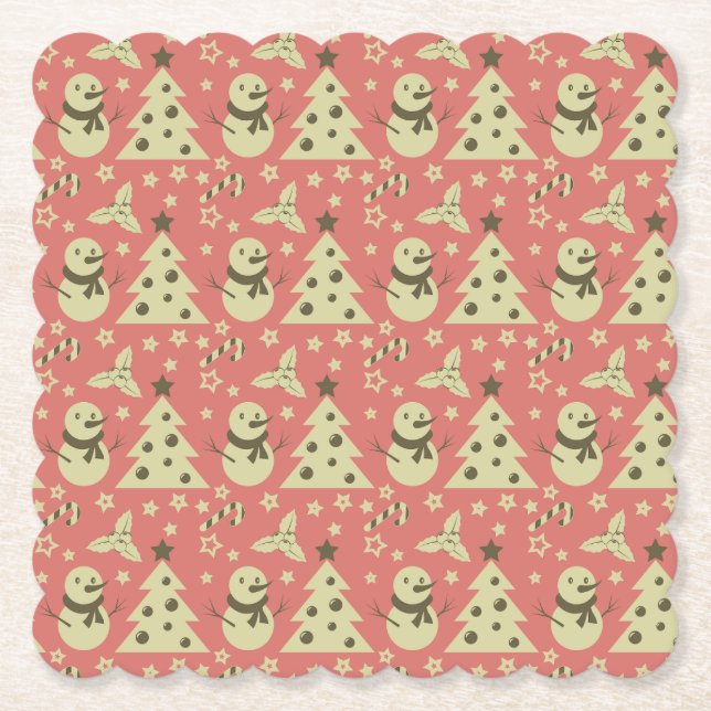 Retro Christmas trees holly berry star candy cane  Paper Coaster (Front)
