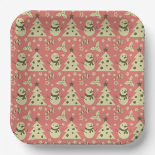 Retro Christmas trees holly berry star candy cane Paper Plate