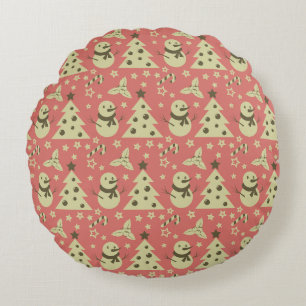 Retro Christmas trees holly berry star candy cane  Round Cushion