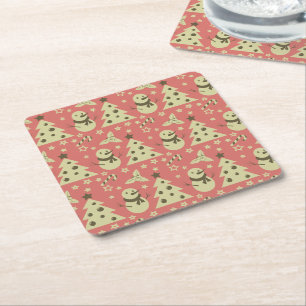 Retro Christmas trees holly berry star candy cane  Square Paper Coaster