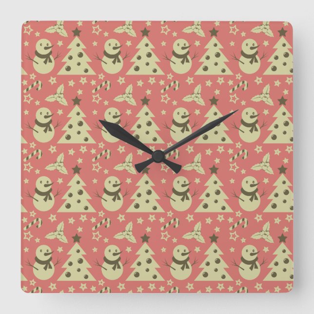 Retro Christmas trees holly berry star candy cane  Square Wall Clock (Front)