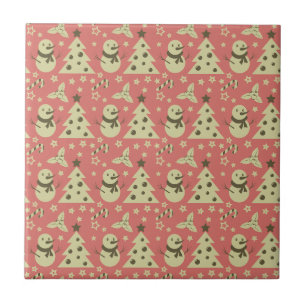 Retro Christmas trees holly berry star candy cane  Tile
