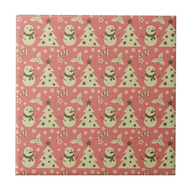 Retro Christmas trees holly berry star candy cane  Tile (Front)