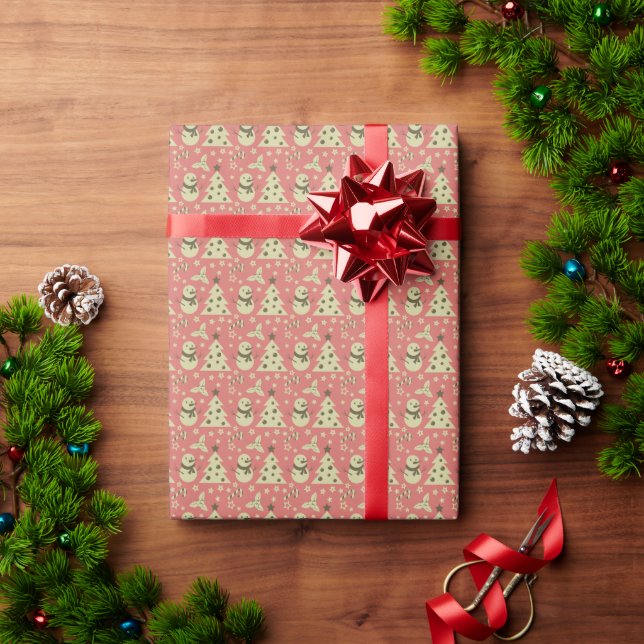 Retro Christmas trees holly berry star candy cane  Wrapping Paper (Holiday Gift)