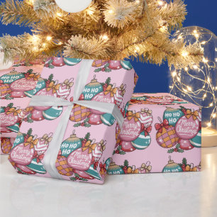 Retro Christmas Trendy Vintage Ho Ho Ho Disco Ball Wrapping Paper