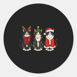 Retro Christmas Tuxedo Cat Santa Reindeer Classic Round Sticker