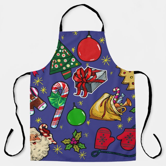 Retro Christmas Vintage Colourful Blue Red Green Apron (Front)