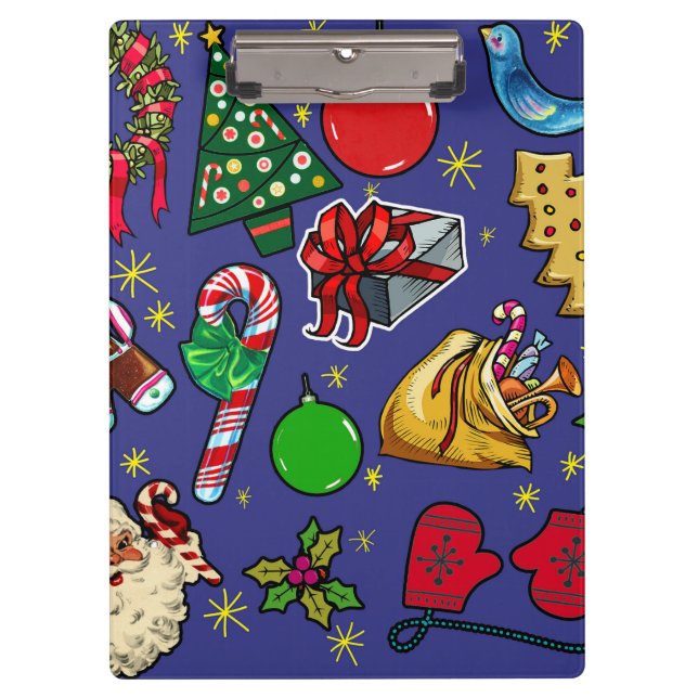 Retro Christmas Vintage Colourful Blue Red Green Clipboard (Front)