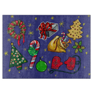 Retro Christmas Vintage Colourful Blue Red Green Cutting Board