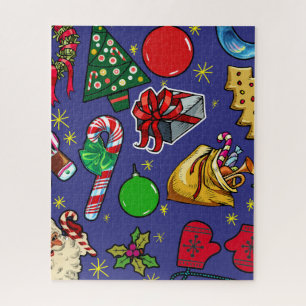 Retro Christmas Vintage Colourful Blue Red Green Jigsaw Puzzle