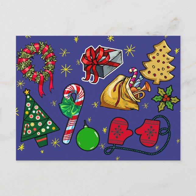 Retro Christmas Vintage Colourful Blue Red Green Postcard (Front)