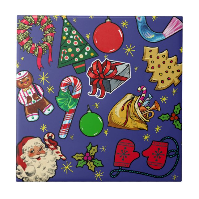 Retro Christmas Vintage Colourful Blue Red Green Tile (Front)