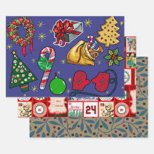 Retro Christmas Vintage Colourful Blue Red Green Wrapping Paper Sheet
