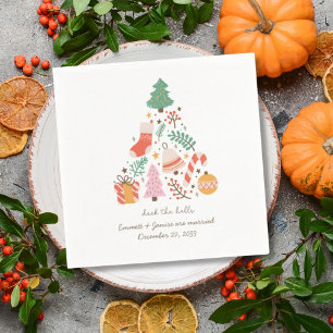 Retro Christmas Wedding Illustrated Deck the Halls Napkin