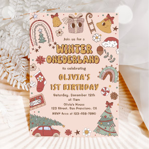 Retro Christmas Winter Onederland First Birthday Invitation