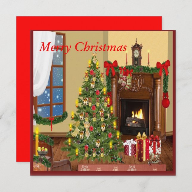 Retro Christmas With Tree Gifts n Fireplace Card (Front/Back)