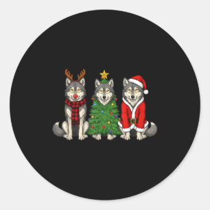 Retro Christmas Wolf Santa Reindeer Classic Round Sticker