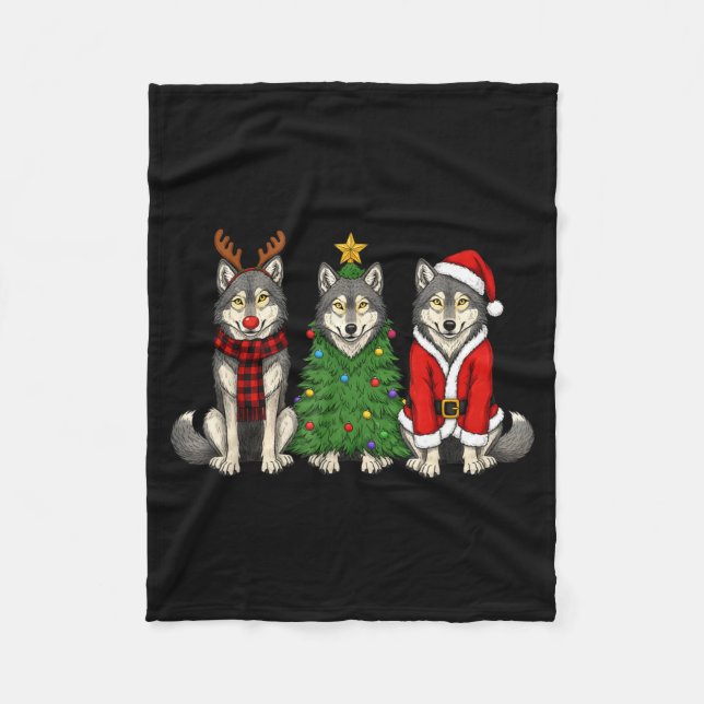 Retro Christmas Wolf Santa Reindeer  Fleece Blanket (Front)