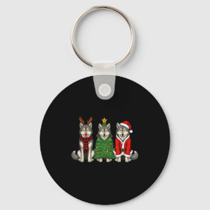Retro Christmas Wolf Santa Reindeer Key Ring