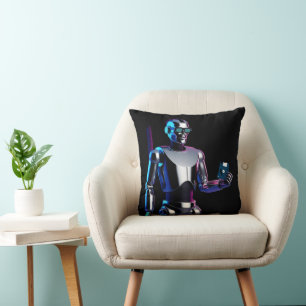 Retro Chrome Synthwave Bot AI Terminator Cushion