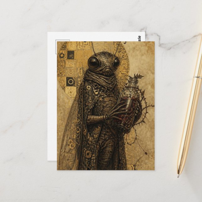retro cicada insect holds a bottle bramble wrapped postcard (Front/Back In Situ)