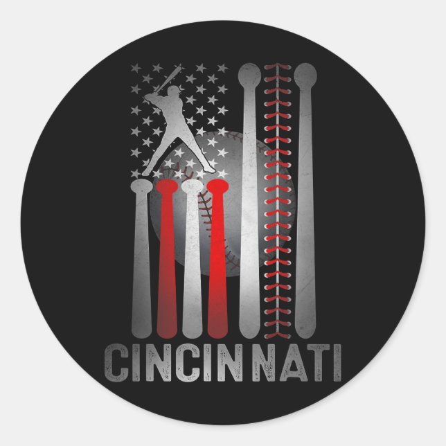 Retro Cincinnati American Flag Distressed Baseball Classic Round Sticker (Front)
