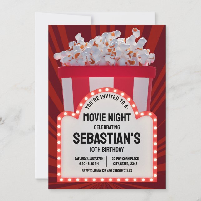 Retro Cinema Sign and Popcorn Birthday Movie Night Invitation (Front)