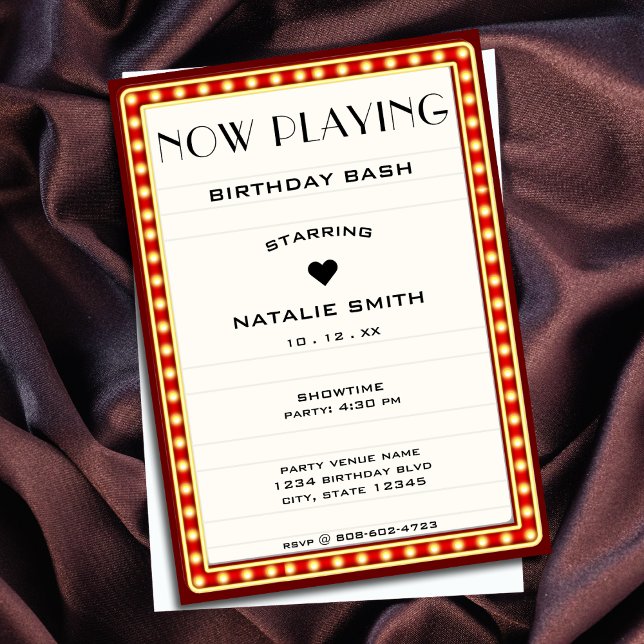 Retro Cinema Theatre Marquee Sign Red Birthday Invitation (Retro Cinema Theater Marquee Sign Red Birthday Invitation)