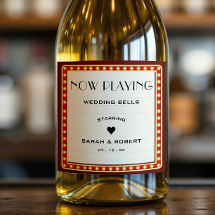 Retro Cinema Theatre Marquee Sign Red Wedding Sparkling Wine Label