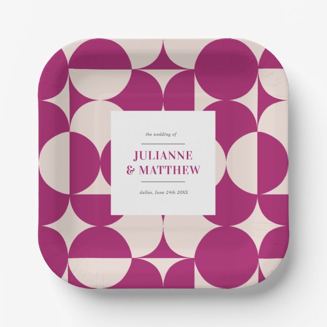 Retro Circle Scallop Mid Century Purple Wedding Paper Plate (Front)