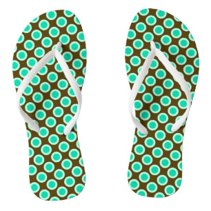 Retro circled dots, brown and turquoise jandals