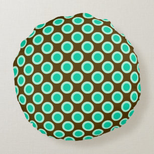 Retro circled dots, brown and turquoise round cushion