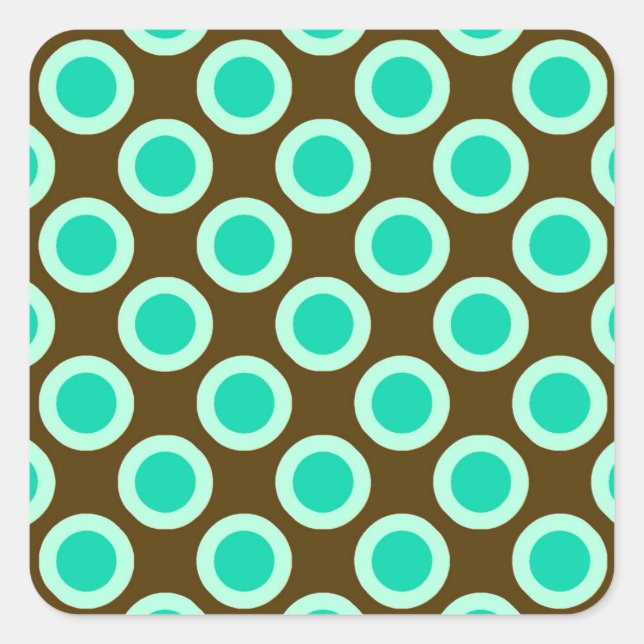 Retro circled dots, brown and turquoise square sticker (Front)