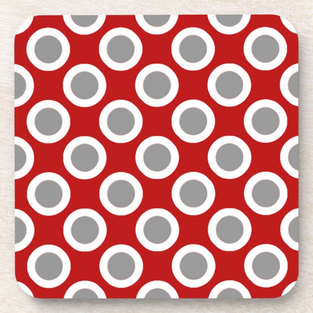 Retro circled dots, deep red and grey coaster (Front)