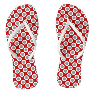 Retro circled dots, deep red and grey jandals