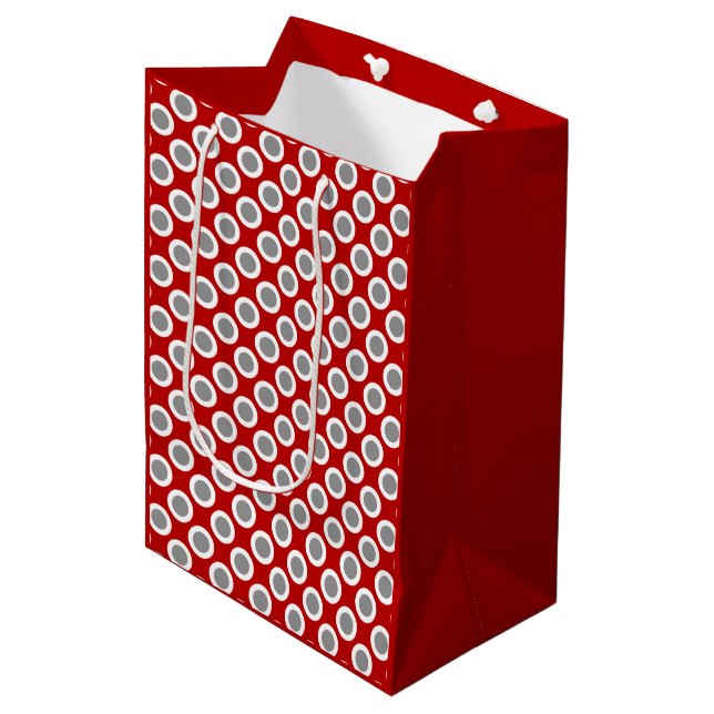 Retro circled dots, deep red and grey medium gift bag (Front Angled)