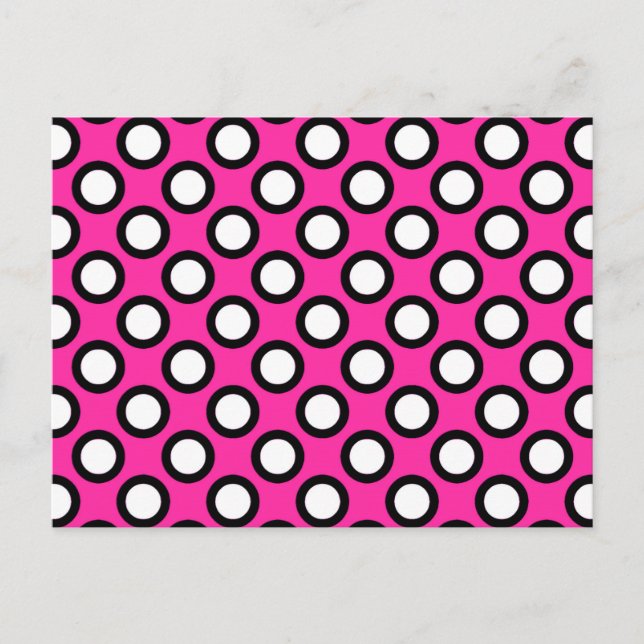 Retro circled dots, fuchsia, black and white postcard (Front)