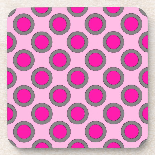 Retro circled dots, fuchsia, grey and pink coaster (Front)