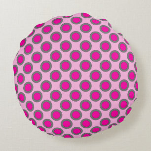 Retro circled dots, fuchsia, grey and pink round cushion