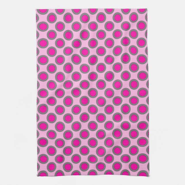 Retro circled dots, fuchsia, grey and pink tea towel (Vertical)