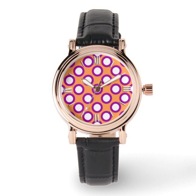 Retro circled dots, mandarin orange and magenta watch (Front)