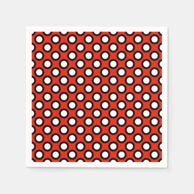 Retro circled dots, red, black and white napkin (Front)