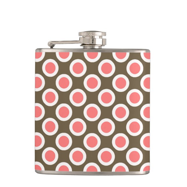 Retro circled dots, taupe and coral pink hip flask (Front)