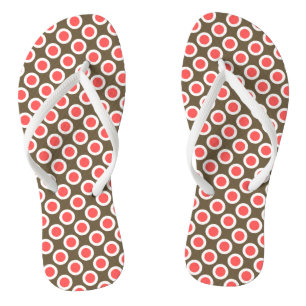Retro circled dots, taupe and coral pink jandals