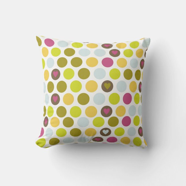 Retro Circles and Hearts Pattern Green Gold Blue Cushion (Front)
