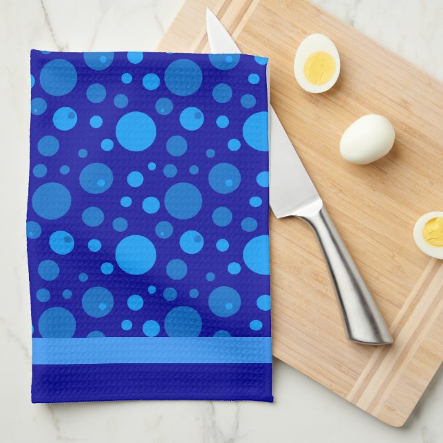 Retro Circles and Polka Dots in Blues on Dark Blue Tea Towel (Quarter Fold)