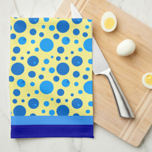 Retro Circles and Polka Dots in Blues on Lt Yellow Tea Towel