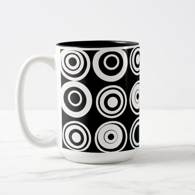 Retro Circles Black White Two-Tone Coffee Mug (Left)
