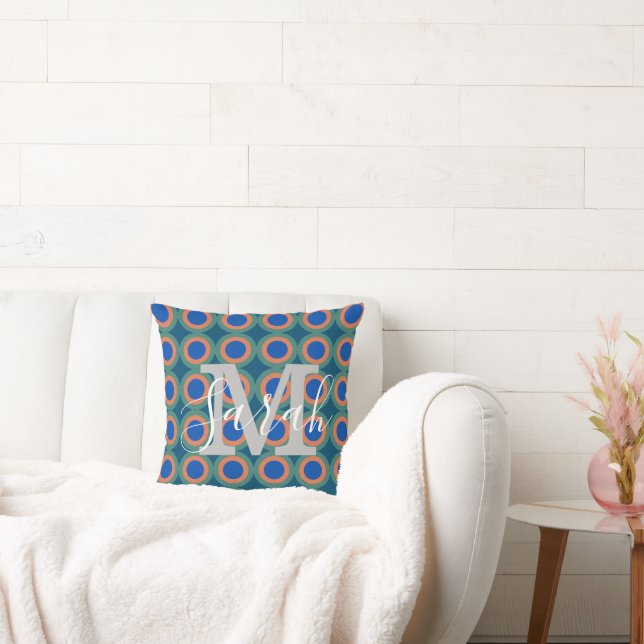 Retro Circles Geometric Monogram Name Peacock Cushion (Couch)
