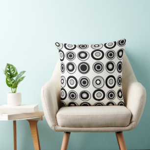 Retro Circles Grayscale On White Cushion